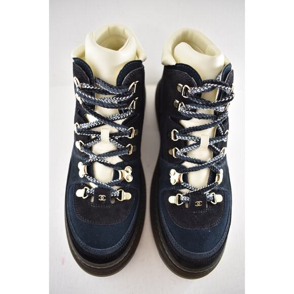 Chanel 23C Blue Black CC Combat Lace Up Tie Ankle Short Hiking Ski Snow Boots 42 - Picture 8 of 16